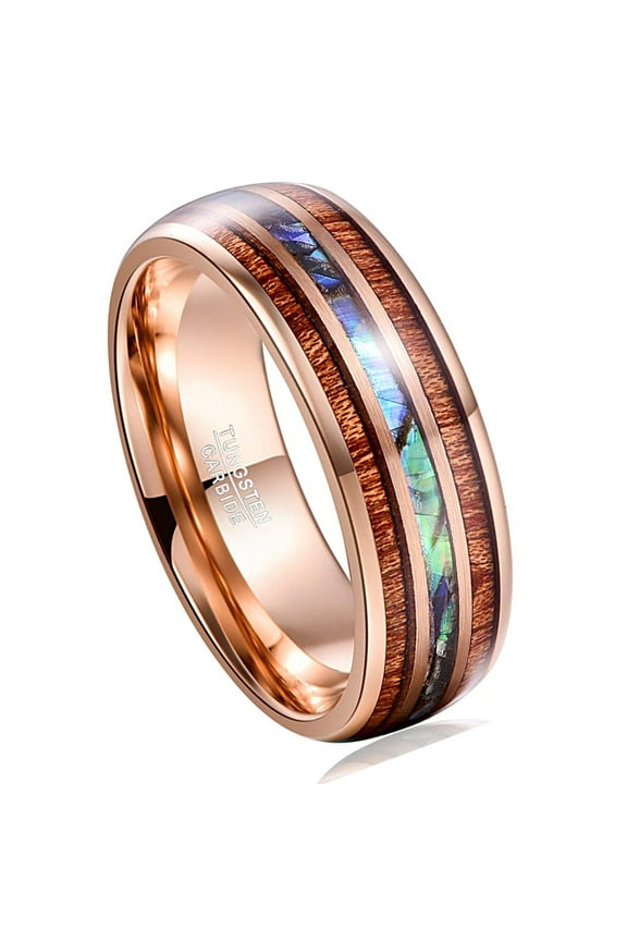 8mm Hawaiian Koa Wood Tungsten Rings Rose Gold Dome Abalone Shell/Blue Center Wedding Bands for Men Women