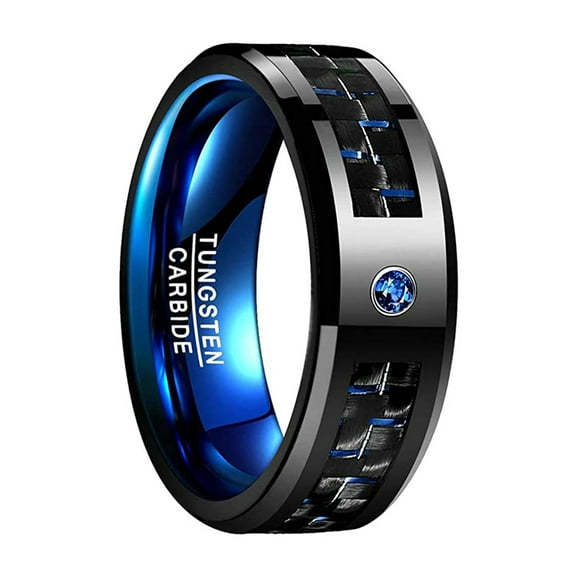 Vakki 8mm Men's Blue Tungsten Carbide Rings with CZ Inlay Carbon Fiber Wedding Band Beveled Edge Size 6-15