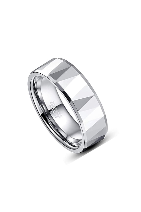 8mm Silver Multi-Faceted Tungsten Carbide Wedding Rings for Men Beveled Edge High Polished Comfort Fit Size 7-12