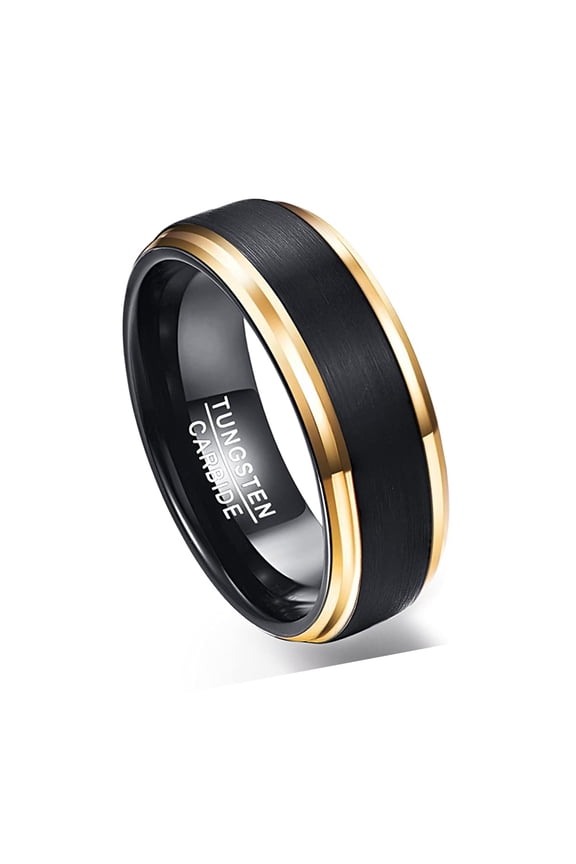 8mm Tungsten Rings with Gold Beveled Edges for Men Women Brushed Center Wedding Band
