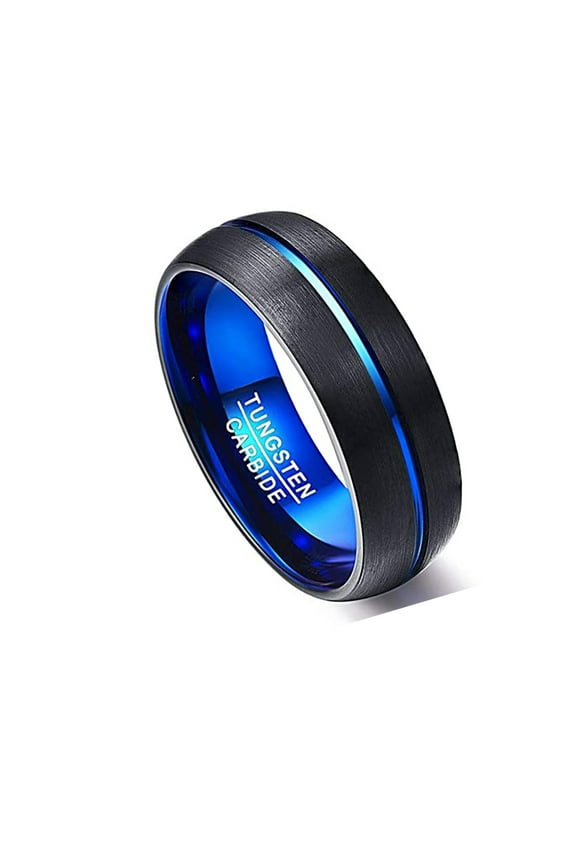 Men's 8mm Blue Groove Tungsten Carbide Rings Domed Black Brushed Wedding Bands High Polished Comfort Fit Size 6-15
