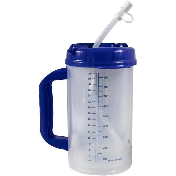 Vakly Deluxe Hospital Carafe Plastic 32 oz with Flexible Straw - Double-Wall Insulated Water Bottle