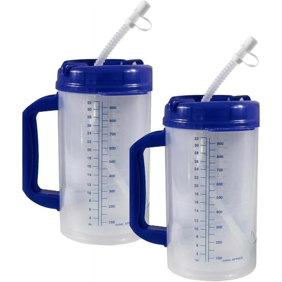 Vakly Deluxe Hospital Carafe 32 oz with Straw - Double-Wall Insulated Plastic Water Bottle - 2 Count