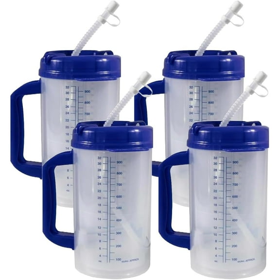 Vakly Deluxe Hospital Carafe 32 oz with Straw - Double-Wall Insulated Plastic Water Bottle - 4 Pack
