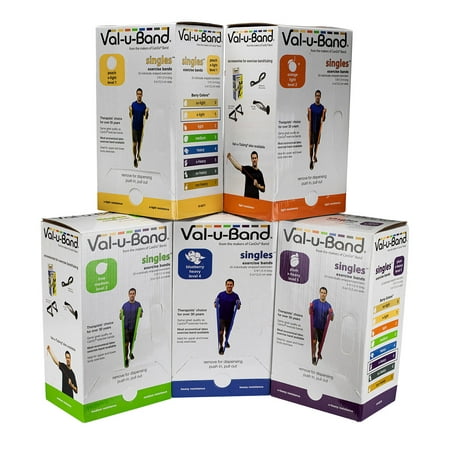Val-u-Band Exercise Bands 5 Ft. Singles, 30 Pieces Dispenser, 5 Pieces Set (1 Each: Peach-Plum)