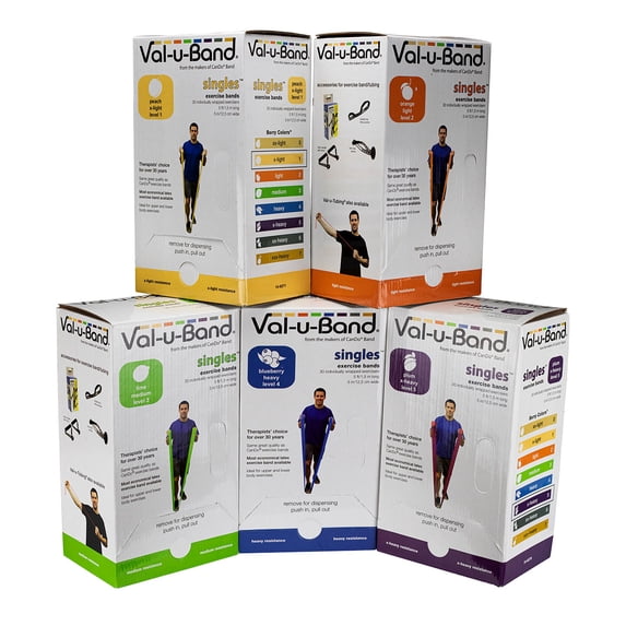 Val-u-Band Exercise Bands 5 Ft. Singles, 30 Pieces Dispenser, 5 Pieces Set (1 Each: Peach-Plum)