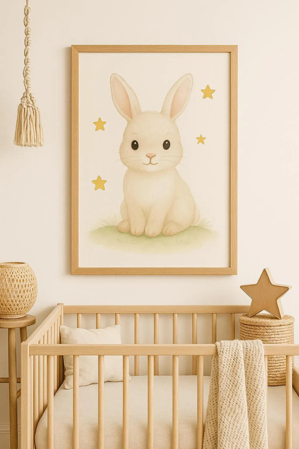 Cute Neutral Rabbit ValCoPo Baby Bunny Nursery Wall Art - Cute White Rabbit with Stars ...