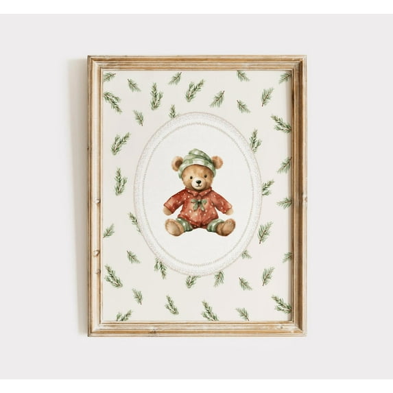 ValCoPo Bear Christmas Print, Christmas Wall Art Decor, Holiday Room Decor, Vintage Bear Wall Art, Christmas Print