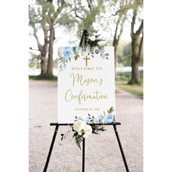 ValCoPo Blue Floral Confirmation Welcome Poster, Boys Christening Welcome Poster, Light Blue Baptism Poster First Communion,