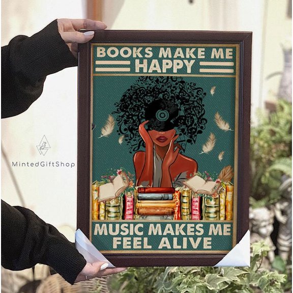 ValCoPo Books Make Me Happy Music Makes Me Feel Alive Vintage Poster, Afro Women Vintage Poster, Gift For Book Lovers