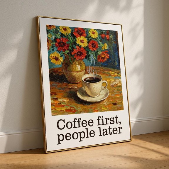 ValCoPo Coffee First People Later Wall Art | Funny Coffee Quote Decor | Bold Vintage-Inspired Kitchen Poster | Instant