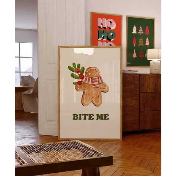 ValCoPo Funny Gingerbread Quote Print • Retro Christmas Kitchen Decor • Winter Groovy Bite Me Holiday Poster • Festive Living Room Decor Aesthetic
