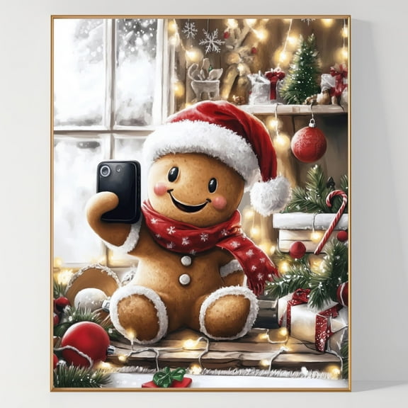 ValCoPo Gingerbread Print Christmas Wall Art Christmas Winter Wall Art Tis The Season Gingerbread Man Taking Selfie Wall Art Oil Painting