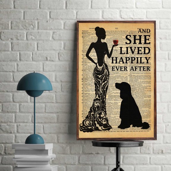 ValCoPo Love Dogs Poster, Love Wine Poster, And She Lived Happily Ever After Dictionary Poster , Girl With Dog And Wine Home Decor - H Cl 15 8