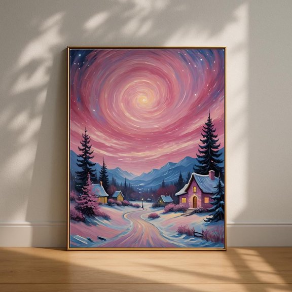 ValCoPo Pink Winter Wonderland Art | Cozy Christmas Village Print | Snowy Cabin Wall Decor | | Holiday Art