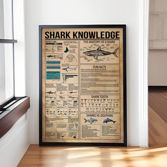ValCoPo Shark Knowledge Poster Wall Art, Vertical Types of Shark Chart, Educational Ocean Animal Decor, Marine Life Gift for Shark Lovers