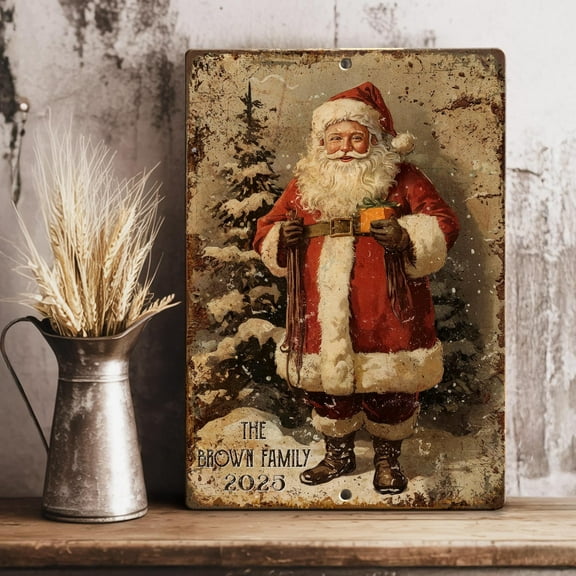 ValCoPo Vintage Style Victorian Santa Primitive Christmas Decor Sign, Rustic Santa Claus Holiday Metal Sign, Custom Family Name Gift