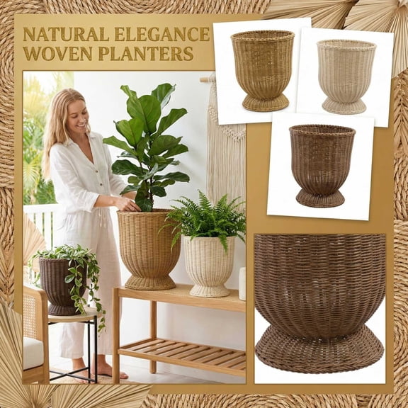 ValHome 12 Inch Brown Woven Resin Urn Planter with Pedestal Base - Decorative Indoor Floor Basket Planter Cover for Faux Plants or Inner Pots, Living Room, Entryway, Farmhouse Home Decor