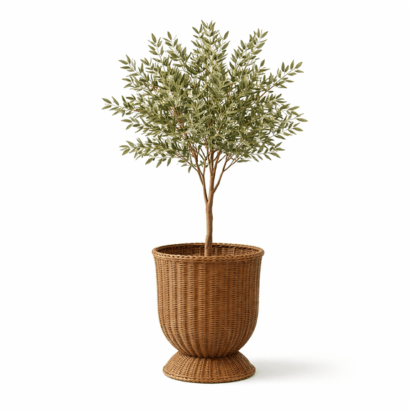 ValHome 16 Inch Brown Woven Resin Urn Planter with Pedestal Base, Decorative Floor Basket Planter Cover for Indoor Living Room, Entryway and Farmhouse Home Decor