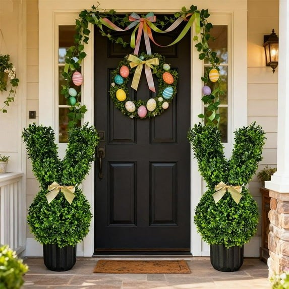 ValHome 2PCS Easter Bunny Topiary Tree - 29" Rabbit Faux Boxwood Premium Artificial Garden Topiary Yard Decoration with Bow - Outdoor Lawn Stake for Spring, Easter Pathway & Porch Decorations White