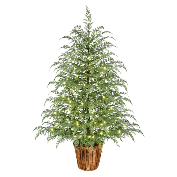 ValHome 3FT Pre-Lit Artificial Cypress Potted Christmas Tree Christmas Decorations Indoor - 100 Warm White LED Lights, Natural Greenery with Wicker Basket Base -Holiday Décor for Entryway Living Room