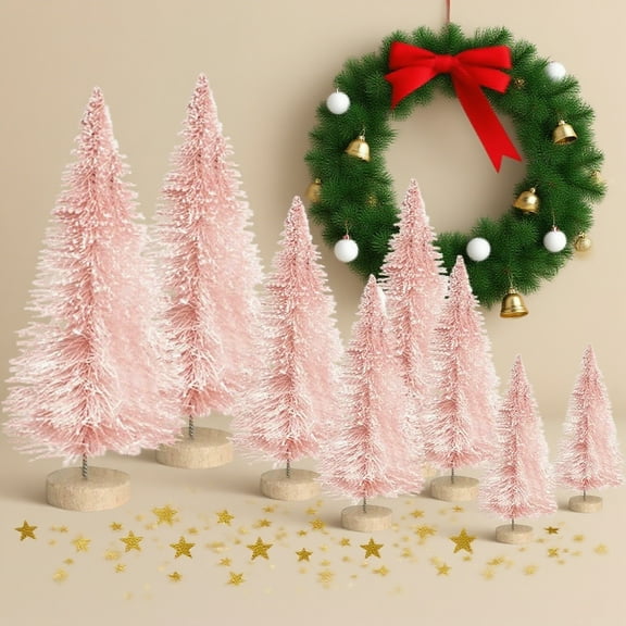 ValHome 8PCS Mini Pink Christmas Trees Bottle Brush Tabletop Decoration Set - Frosted Sisal Trees with Wooden Bases - Artificial Small Xmas Trees for Holiday, Village & Home Décor(2.4/3.5/4/5 inch)