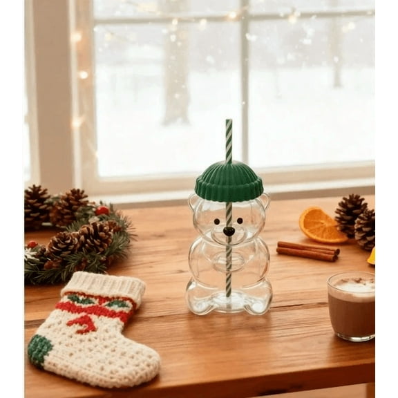 ValHome Aesthetic Glass Cup with Straw 20oz - Cute Transparent Bear Coffee Cup, Trendy Iced Drink Tumbler for Smoothies & Milk Tea, Perfect for Café Corners, Photo Props & Gifts