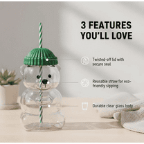 ValHome Christmas Glass Cup 20oz with Straw - 5.9" Cute Bear Coffee Cup with Green Hat Lid, Iced Drink Tumbler for Holiday Parties, Hot & Cold Beverages, Xmas Gift for Friends & Coffee Lover