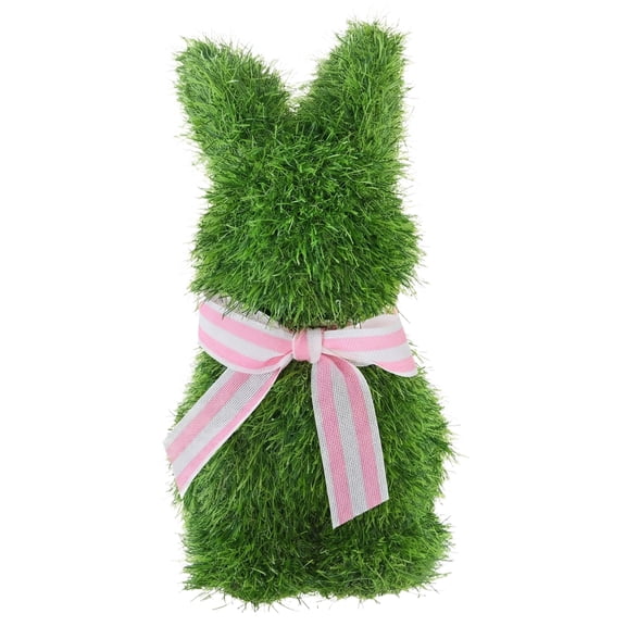 ValHome Faux Grass Standing Bunny Topiary - 15" Artificial Grass Easter Bunny Decor with Pink Striped Ribbon Bow - Spring Realistic Bunny Decoration for Home Mantel Entryway Tiered Tray Display