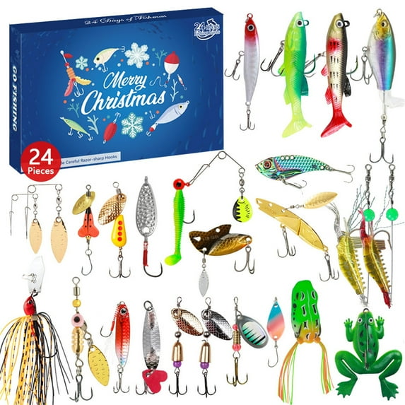 ValHome Fishing Christmas Advent Calendar 2025 - 24 Days Countdown Calendar Fishing Lures Hooks Crankbait Jerkbait VIB Spinner Popper Shrimp Jig - Christmas Gift Box for Men, Dad, Teen Boys & Anglers