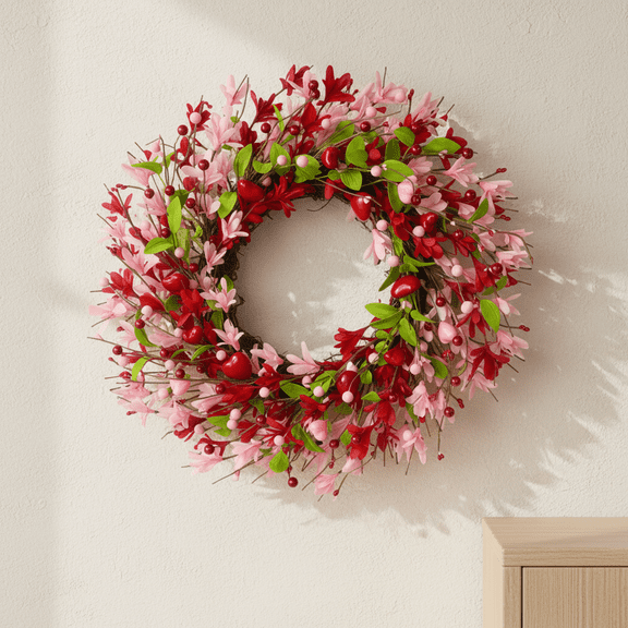ValHome Valentine's Day Floral Wreath with Red Pink Flowers - 20" Artificial Romantic Spring Wreath - Wreath for Front Door, Entryway, Living Room, Valentine Decor, Anniversary and Wedding Display