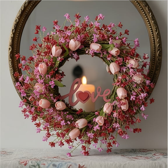 ValHome Valentine's Day Wreath with Wooden Love Sign - 22" Artificial Pink Rose & Wildflower Heart Wreath - Front Door, Wall, Wedding, Anniversary & Romantic Home Decor Gifts for Lover