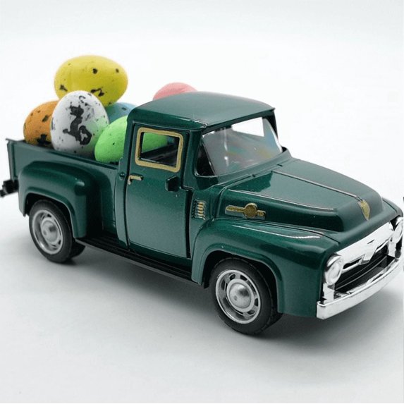 ValHome Vintage Pickup Truck Easter Egg Decor - 1:32 Scale Pickup Truck with Colorful Eggs Spring Tiered Tray - Easter Basket Stuffer Gift for Tabletop Centerpiece, Farmhouse Decor (Forest Green)