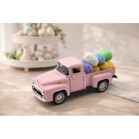 ValHome Vintage Pickup Truck Easter Egg Decor - 1:32 Scale Pickup Truck with Colorful Eggs Spring Tiered Tray - Easter Basket Stuffer Gift for Tabletop Centerpiece, Farmhouse Decorations (Pink)