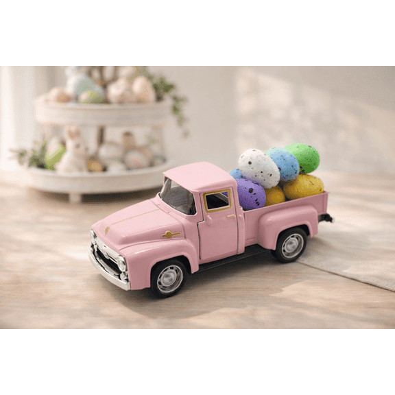 ValHome Vintage Pickup Truck Easter Egg Decor - 1:32 Scale Pickup Truck with Colorful Eggs Spring Tiered Tray - Easter Basket Stuffer Gift for Tabletop Centerpiece, Farmhouse Decorations (Pink)