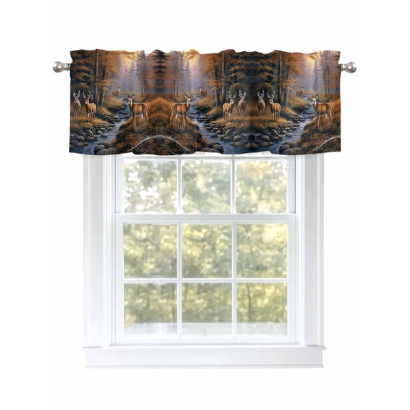 Valance Curtain Forest River Kitchen Curtain for Window Deer Rod Pocket Curtain Valance Window Treatment for Kitchen Bathroom Dining Room 1 Panel 54x18inch