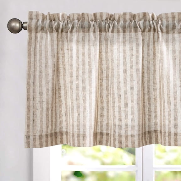 Valance Curtain Linen Textured Striped Window Curtain for Living Room Light Filtering Ticking Stripe Farmhouse Valance for Kitchen Rod Pocket 1 Panel 16 Inch Tan on Linen 1 Panel