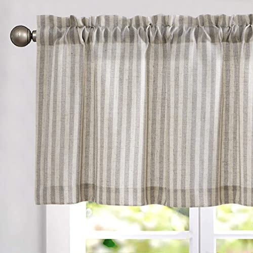 Valance Curtain Linen Textured Striped Window Curtain for Living Room Light Filtering Ticking Stripe Farmhouse Valance for Kitchen Rod Pocket 1 Panel 16 Inch Taupe Grey on Linen 1 Panel