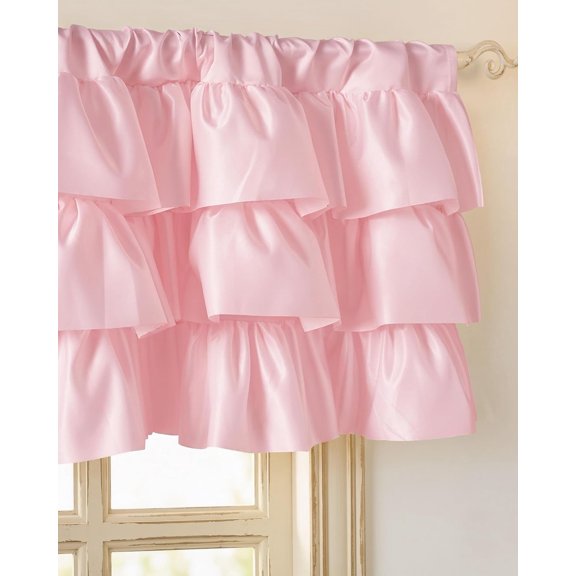 Valance Curtains 16 Inches Long for Kitchen & Bathroom, Three-Tiered Ruffled Satin Texture, Romantic Princess Window , 52 W