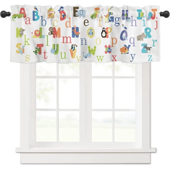 Valance Curtains for Kitchen Window, Cute Animals Alphabet for Kids Rod Pocket Valances Window Treatments Colorful Printed Short Curtains for Bedroom/Living Room,54" X 18" -1 Panel,