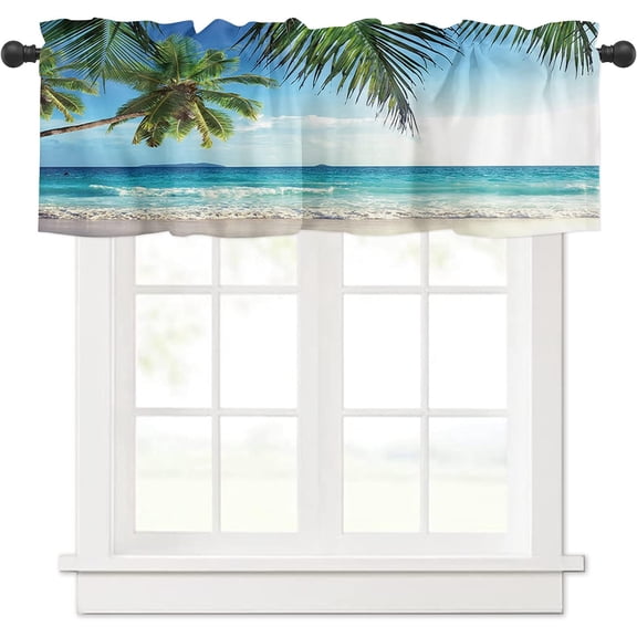Valance Curtains for Kitchen Window, Palms Tree Ocean Tropical Sea Rod Pocket Valances Window Treatments Beach Theme Short Curtains for Bedroom Living Room,54x18 inch