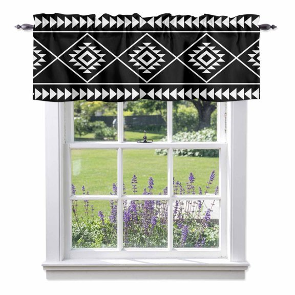 Valance Curtains for Kitchen Windows Abstract Ethnic Geometric Art Rod Pocket Valance Black White Tribal Triangle Short Window Curtain Topper for Bedroom Living Room Bathroom 42x12in, 1 Pack