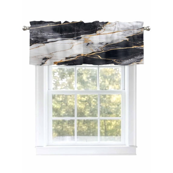 Valance Curtains for Kitchen Windows Abstract Marble TextureRod Pocket Valance Modern Black White Gold Stone ArtShort Window Curtain Topper for Bedroom Living Room Bathroom 42x12in,1 Panel