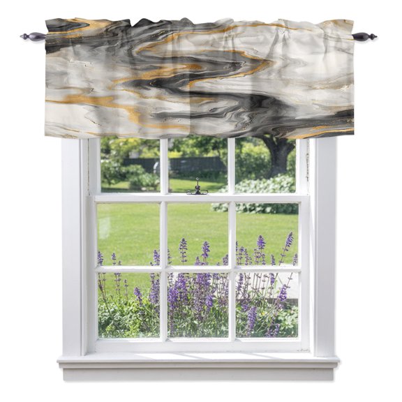 Valance Curtains for Kitchen Windows Abstract Modern Marble Agate Rod Pocket Valance White Gray Gold Stone Texture Short Window Curtain Topper for Bedroom Living Room Bathroom 54x18in, 1 Pack