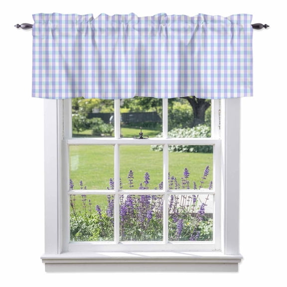 Valance Curtains for Kitchen Windows Blue Gingham Check Rod Pocket Valance Farm Buffalo Plaid Short Window Curtain Topper for Bedroom Living Room Bathroom 42x12in, 1 Pack