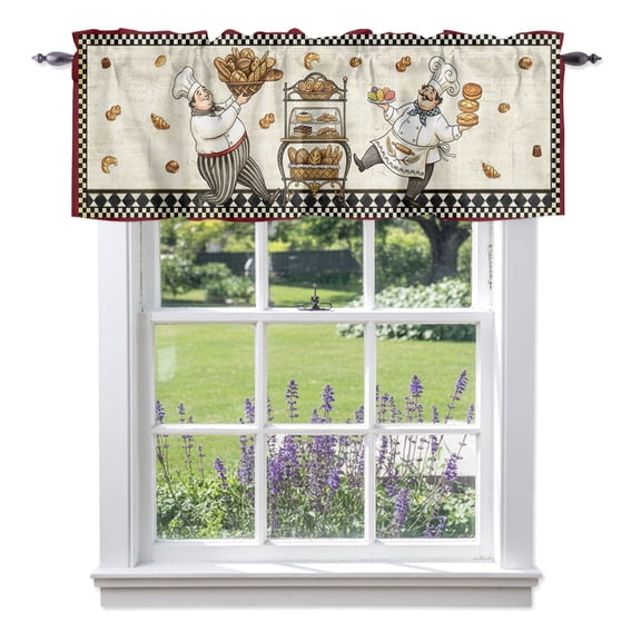 Valance Curtains for Kitchen Windows Cartoon Fat Chef Buffalo Plaid Rod Pocket Valance Pastry Cart Italian Bistro Short Window Curtain Topper for Bedroom Living Room Bathroom 42x18in, 1 Pack