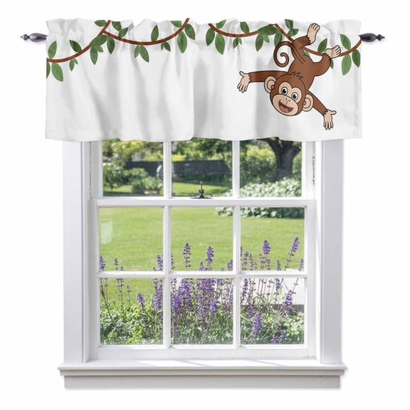 Valance Curtains for Kitchen Windows Cartoon Funny Monkey Green Leaves on White Rod Pocket Valance Country Vine Short Window Curtain Topper for Bedroom Living Room Bathroom 54x18in, 1 Pack