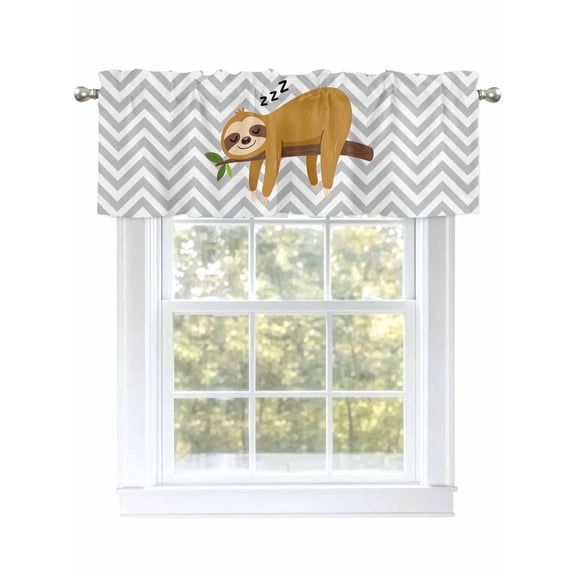 Valance Curtains for Kitchen Windows Cartoon Sloth Tree BranchRod Pocket Valance Gray Chevron Stripe Animal Short Window Curtain Topper for Bedroom Living Room Bathroom 42x12in