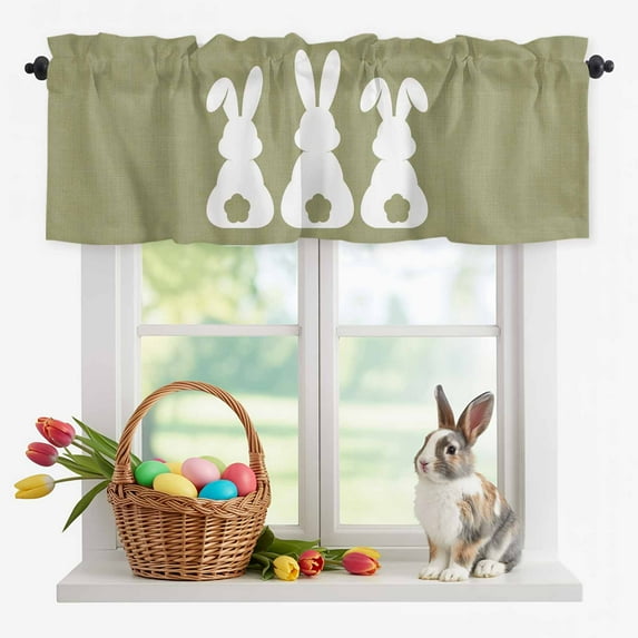 Valance Curtains for Kitchen Windows Easter Day White Bunny Rod Pocket Valance Retro Green Linen Texture Short Window Curtain Topper for Bedroom Living Room Bathroom 54x18in,1 Panel
