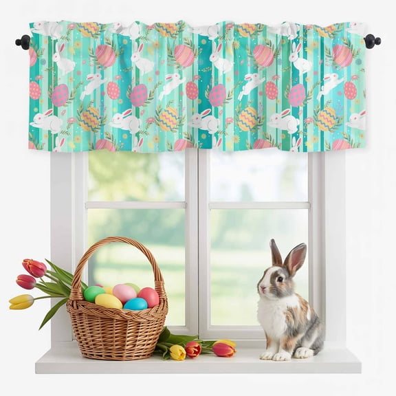 Valance Curtains for Kitchen Windows Easter Egg Bunny Country Herb Rod Pocket Valance Cartoon Rabbit Green Stripes Short Window Curtain Topper for Bedroom Living Room Bathroom 42x12in,1 Panel